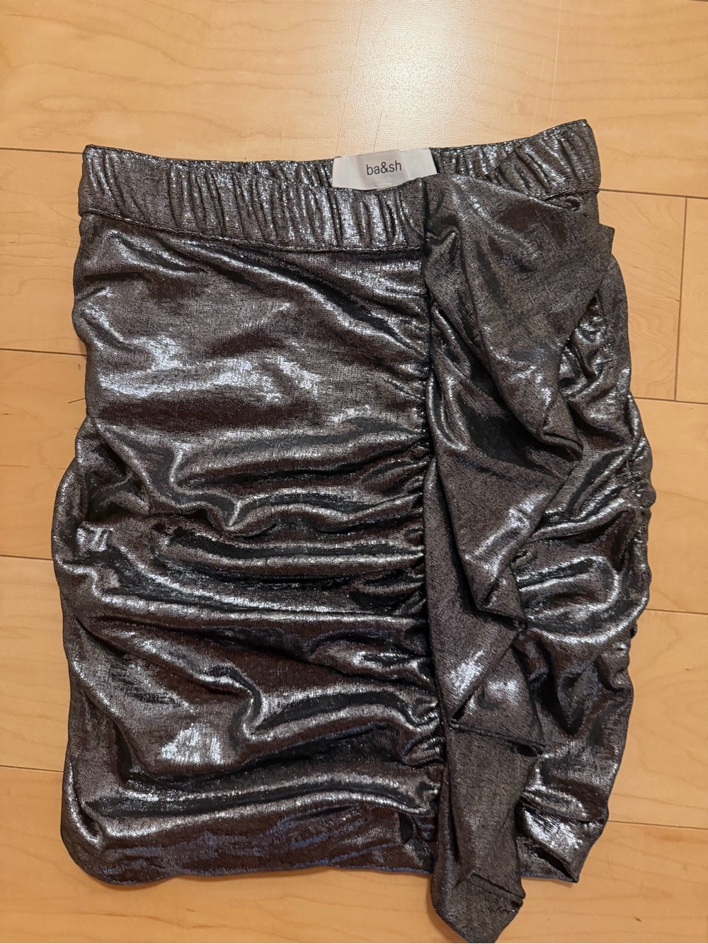 ba&sh Silver-Charcoal Metallic Ruched Mini Skirt with Side Ruffle